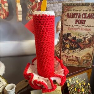 Handmade Red and White Crochet Candle Decoration
